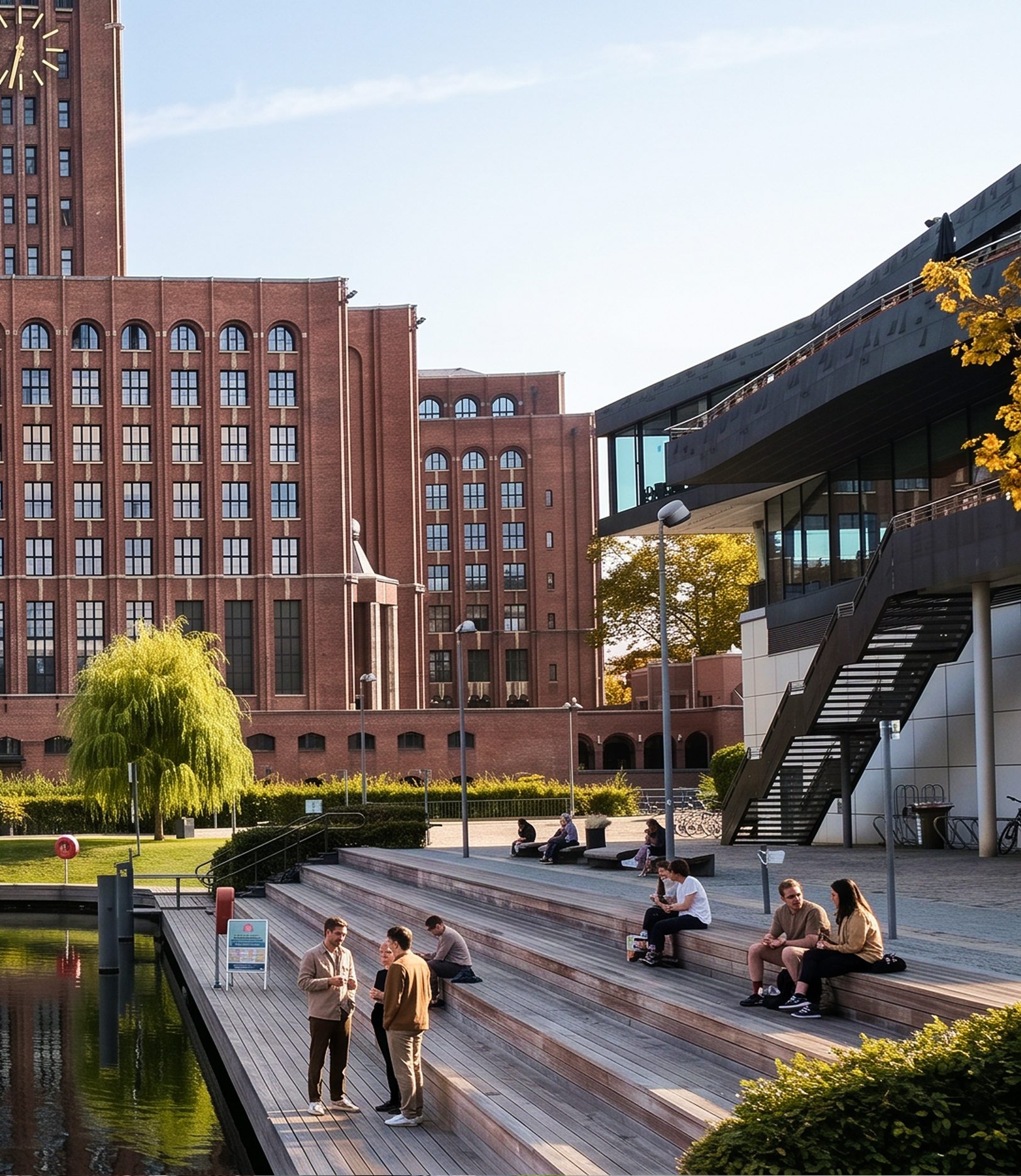 Ullsteinhaus am Tempelhofer Hafen mit Sitzstufen am Wasser